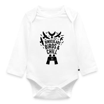 "Binoculars, Birds and Chill" slogan - Organic Longsleeve Baby Bodysuit - white - Front