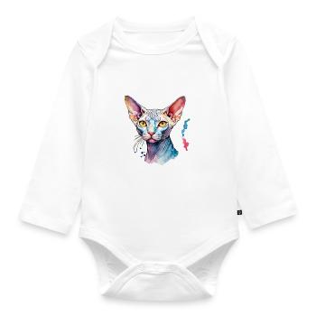 Sphynx Katze Wasserfarben - Baby Bio-Langarm-Body - Weiß - Vorne