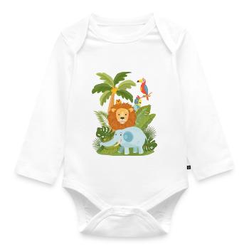 Elephant, lion and parrot in the jungle – Safari - Organic Longsleeve Baby Bodysuit - white - Front