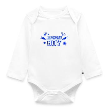 Text "Birthday Boy" mit Sternen und Megaphon - Baby Bio-Langarm-Body - Weiß - Vorne