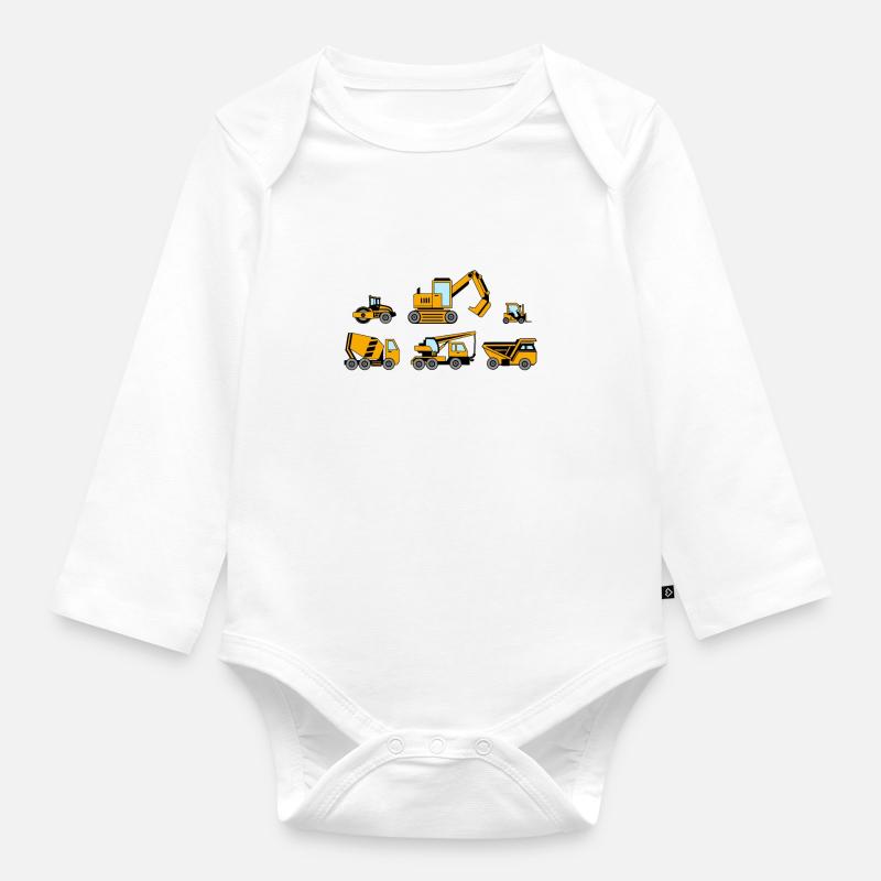 Construction Vehicles - Trucks, Diggers & Cranes - Organic Longsleeve Baby Bodysuit - white