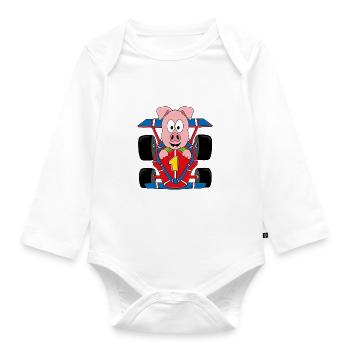 SCHWEIN - AUTO - RENNWAGEN - AUTORENNEN - TIER - Baby Bio-Langarm-Body - Weiß - Vorne
