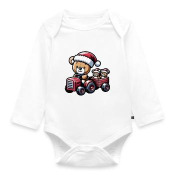 Teddy as Santa Claus with tractor - Organic Longsleeve Baby Bodysuit - white - Front