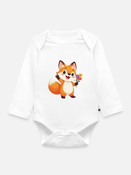 Fröhlicher Cartoon Fuchs mit Blumenstrauß - Baby Bio-Langarm-Body - Weiß