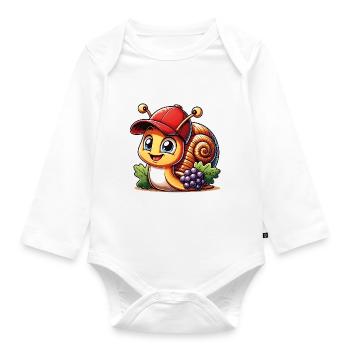 Little cute snail with baseball cap and grapes - Organic Longsleeve Baby Bodysuit - white - Front