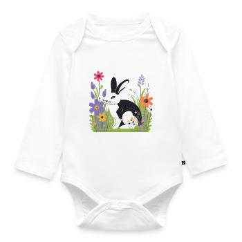 Rabbit in the meadow with flowers - Organic Longsleeve Baby Bodysuit - white - Front
