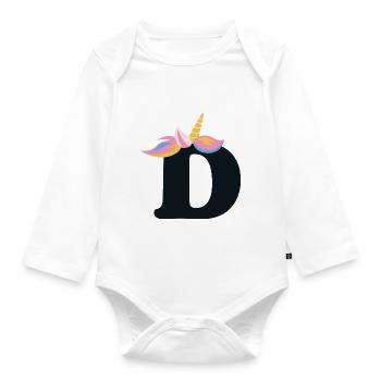 Einhorn-Buchstabe Regenbogenstyle "D" | be unique - Baby Bio-Langarm-Body - Weiß - Vorne