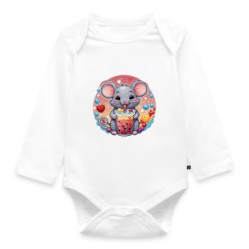 Kleine Süße Maus mit Erfrischung und Strohhalm - Baby Bio-Langarm-Body - Weiß - Vorne