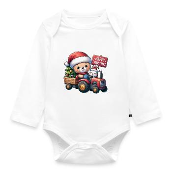 Teddy als Weihnachtsmann mit Traktor und Häschen - Baby Bio-Langarm-Body - Weiß - Vorne