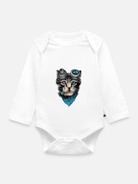 Steampunk-Katze - Baby Bio-Langarm-Body - Weiß