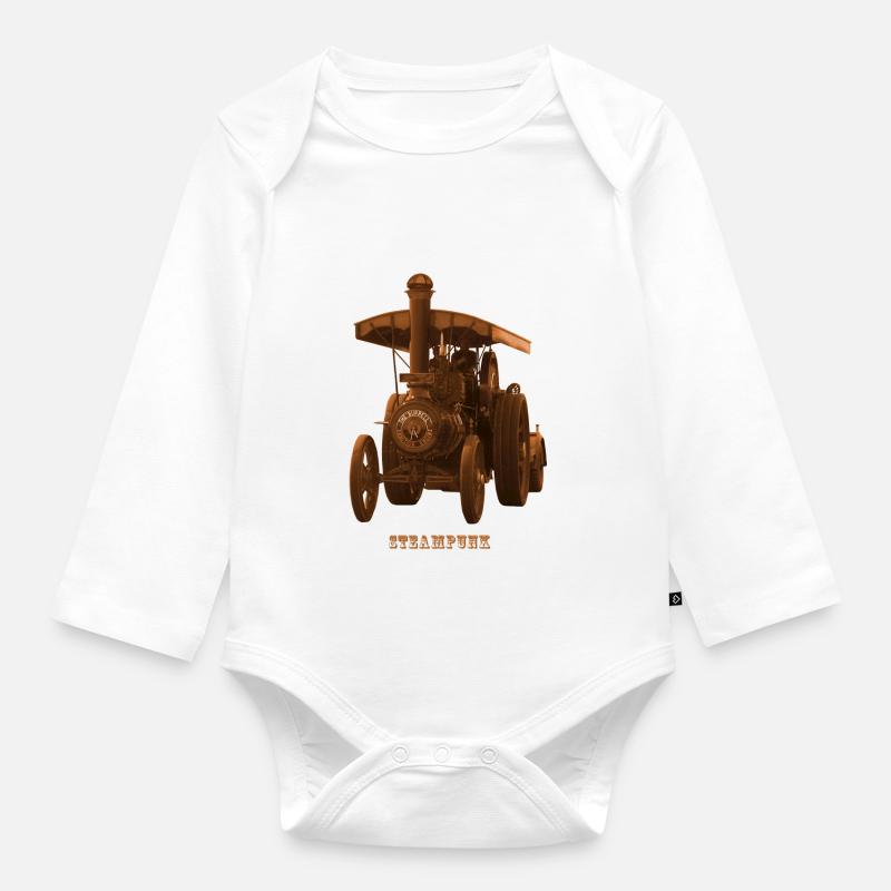 Tractor Tractor Steampunk Steam Engine Retro - Organic Longsleeve Baby Bodysuit - white