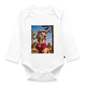 golden retriever wearing a red lumberjack shirt - Organic Longsleeve Baby Bodysuit - white - Front