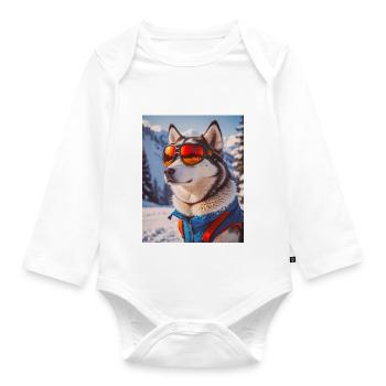 super cute dogs Husky in a ski dress - Organic Longsleeve Baby Bodysuit - white - Front