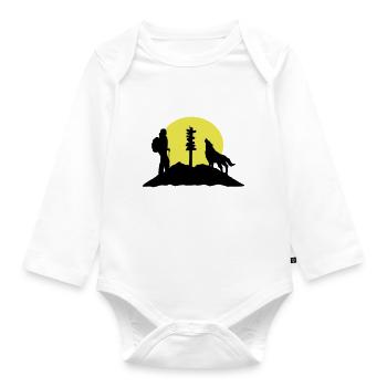 Hiking woman, wolf and mountains - Organic Longsleeve Baby Bodysuit - white - Front