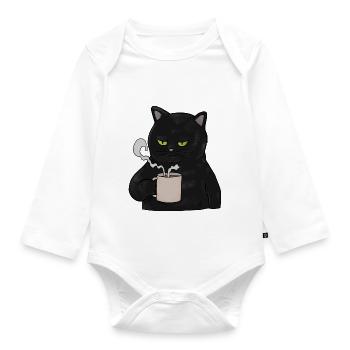 Mürrische schwarze Katze mit Kaffee Morgenmuffel - Baby Bio-Langarm-Body - Weiß - Vorne