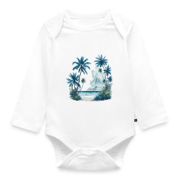 Aquarellmalerei eines Strandes mit Palmen - Baby Bio-Langarm-Body - Weiß - Vorne