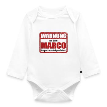 Marco Name Lustiges Warnschild - Baby Bio-Langarm-Body - Weiß - Vorne