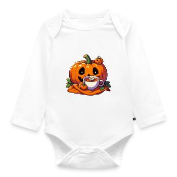 Halloweenkürbis trinkt eine Tasse Tee - Baby Bio-Langarm-Body - Weiß - Vorne