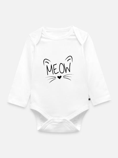 Katzen Design mit Text "MEOW" - Baby Bio-Langarm-Body - Weiß