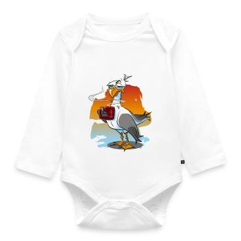 Lustige Möwe mit Kaffeetasse, Moewe - Baby Bio-Langarm-Body - Weiß - Vorne