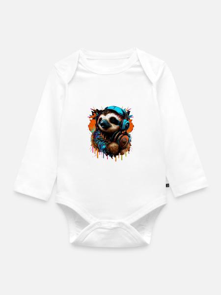 Faultier mit Kopfhörern - Baby Bio-Langarm-Body - Weiß