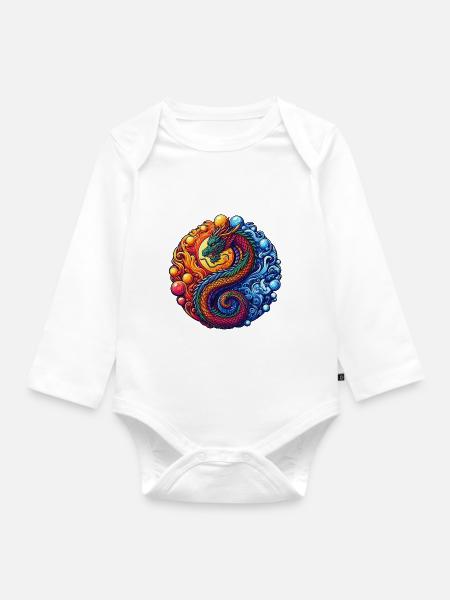 Lebendiger Yin-Yang-Drache - Baby Bio-Langarm-Body - Weiß