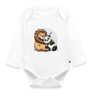 Cuddling Lion And Panda In Love - Organic Longsleeve Baby Bodysuit - white - Front