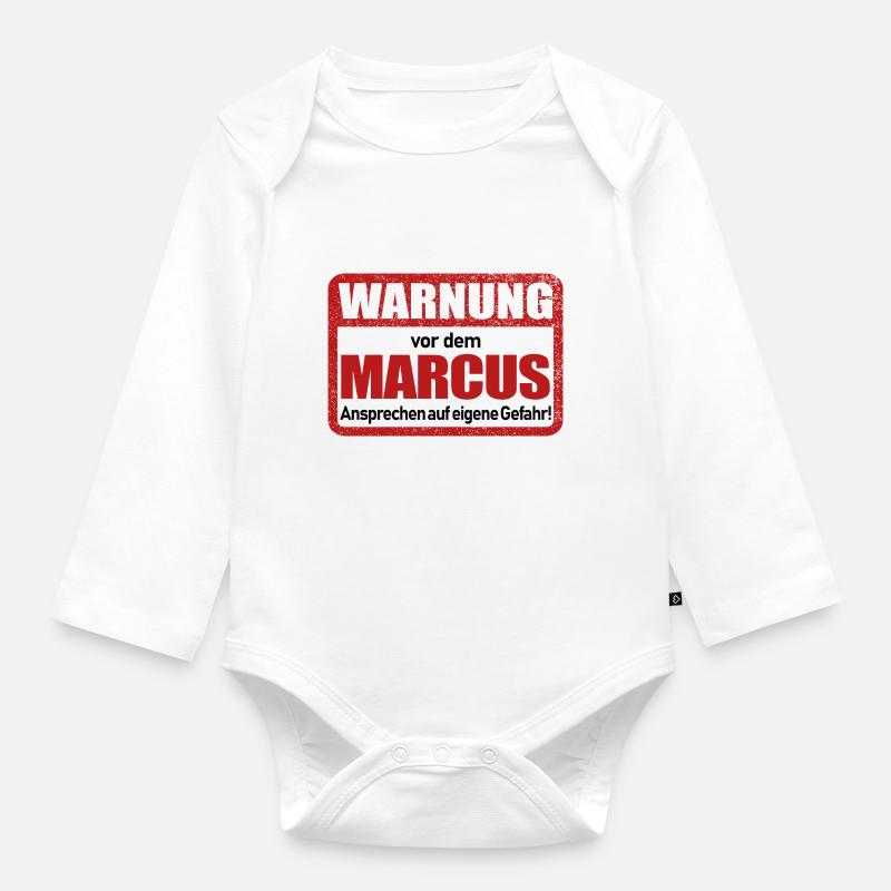 Marcus Name Lustiges Warnschild - Baby Bio-Langarm-Body - Weiß