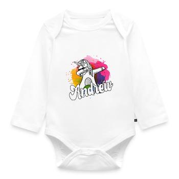 ANDREW - Beau nom de garçon avec une licorne cool - Body Bébé bio manches longues - blanc - Devant