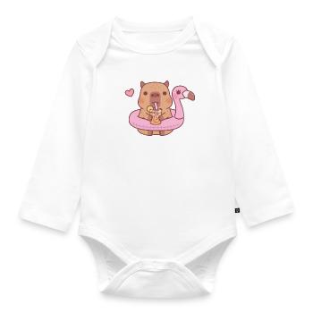 Cute Capybara In Pink Flamingo Pool Float - Organic Longsleeve Baby Bodysuit - white - Front