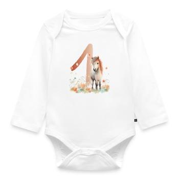 1er anniversaire - Cadeau - Cheval mignon - Body Bébé bio manches longues - blanc - Devant