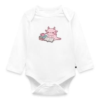 Mignon Axolotl lisant un livre avec une tasse de café - Body Bébé bio manches longues - blanc - Devant