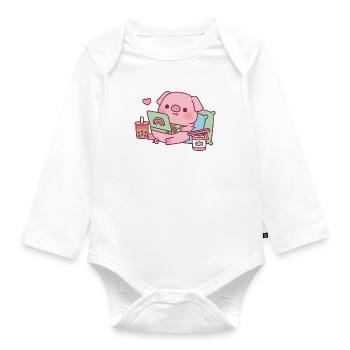 Nettes Schwein kühlt mit Laptop Boba Tee Und Nudeln - Baby Bio-Langarm-Body - Weiß - Vorne