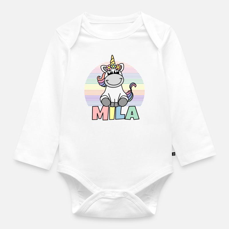 Nom de la licorne Mila - Body Bébé bio manches longues - blanc