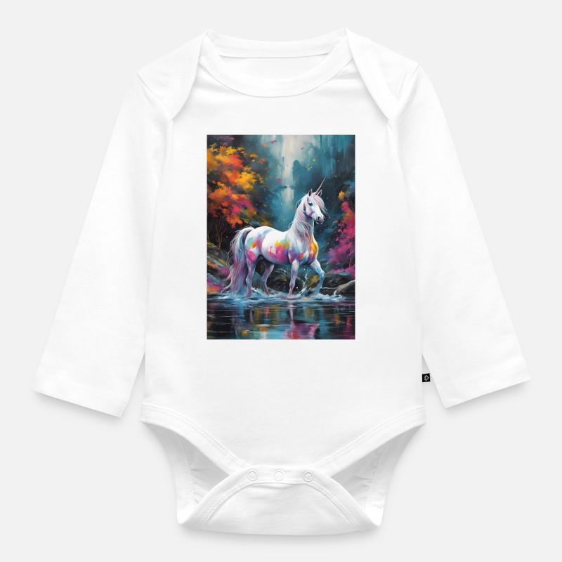 Ein Einhorn mit Farbtupfern - Baby Bio-Langarm-Body - Weiß