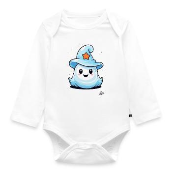 Cute little ghost with magic hat - Organic Longsleeve Baby Bodysuit - white - Front