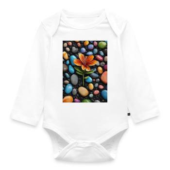 Une fleur au milieu de galets de couleurs - Body Bébé bio manches longues - blanc - Devant