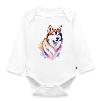 Siberian Husky Watercolors - Organic Longsleeve Baby Bodysuit - white - Front