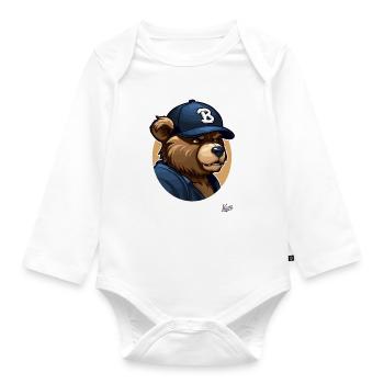 Sporty sport bear with baseball cap - Organic Longsleeve Baby Bodysuit - white - Front