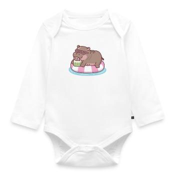Hippopotame mignon se relaxant sur la piscine flotteur buvant de la noix de - Body Bébé bio manches longues - blanc - Devant