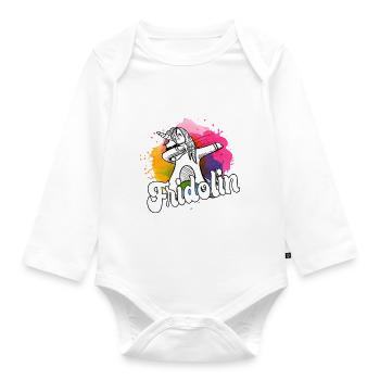 FRIDOLIN - Schöner Jungen Name mit Coolem Einhorn - Baby Bio-Langarm-Body - Weiß - Vorne