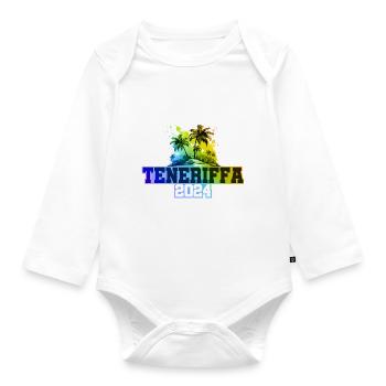 Teneriffa 2024 Urlaub Palmen Bunt - Baby Bio-Langarm-Body - Weiß - Vorne