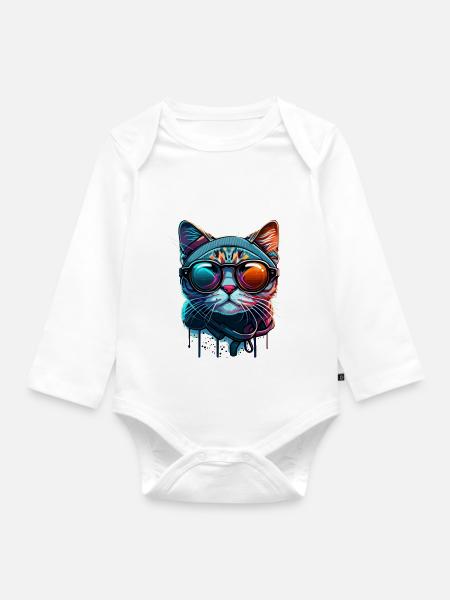 Buntes Katzengesicht mit Sonnenbrille stylish - Baby Bio-Langarm-Body - Weiß