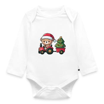 Teddy as Santa Claus with tractor and trailer - Organic Longsleeve Baby Bodysuit - white - Front