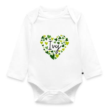 Efeu Name Design mit herzförmigen grünen Herzen - Baby Bio-Langarm-Body - Weiß - Vorne
