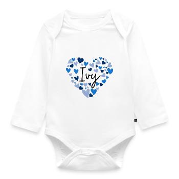Efeu Name Design mit herzförmigen blauen Herzen - Baby Bio-Langarm-Body - Weiß - Vorne