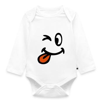 Wink smile pulls tongue - Organic Longsleeve Baby Bodysuit - white - Front