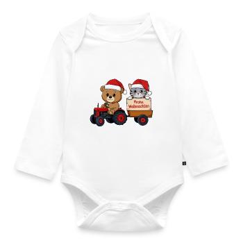 Teddy als Weihnachtsmann mit Traktor und Kätzchen - Baby Bio-Langarm-Body - Weiß - Vorne