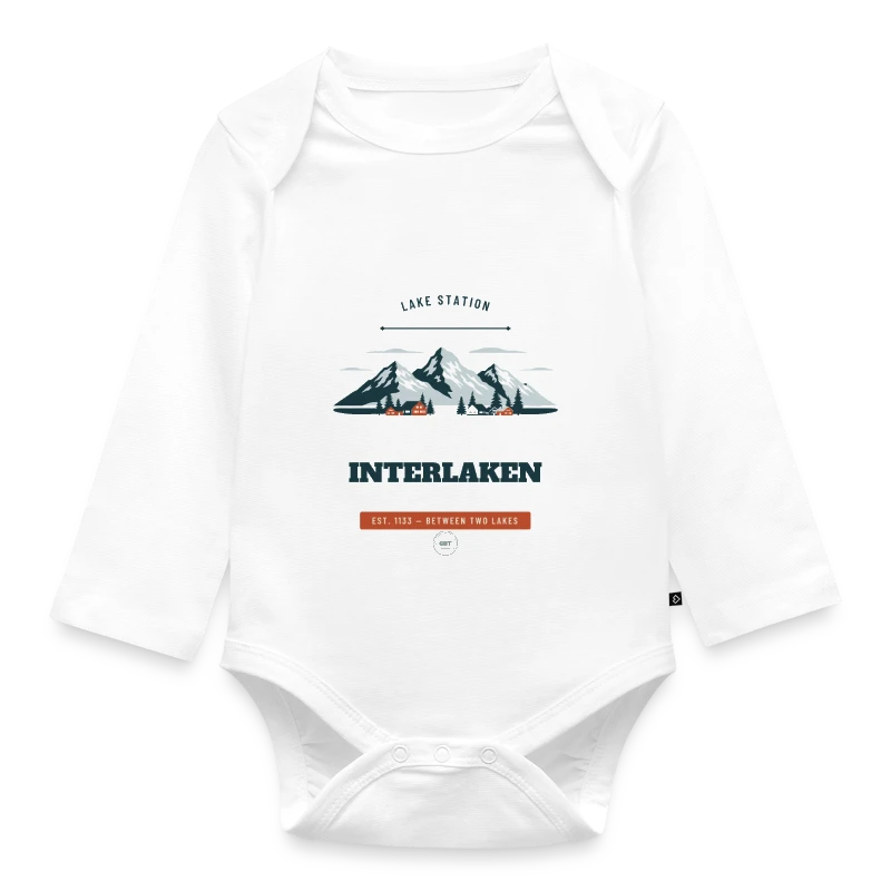 Interlaken badge on a organic longsleeve baby bodysuit