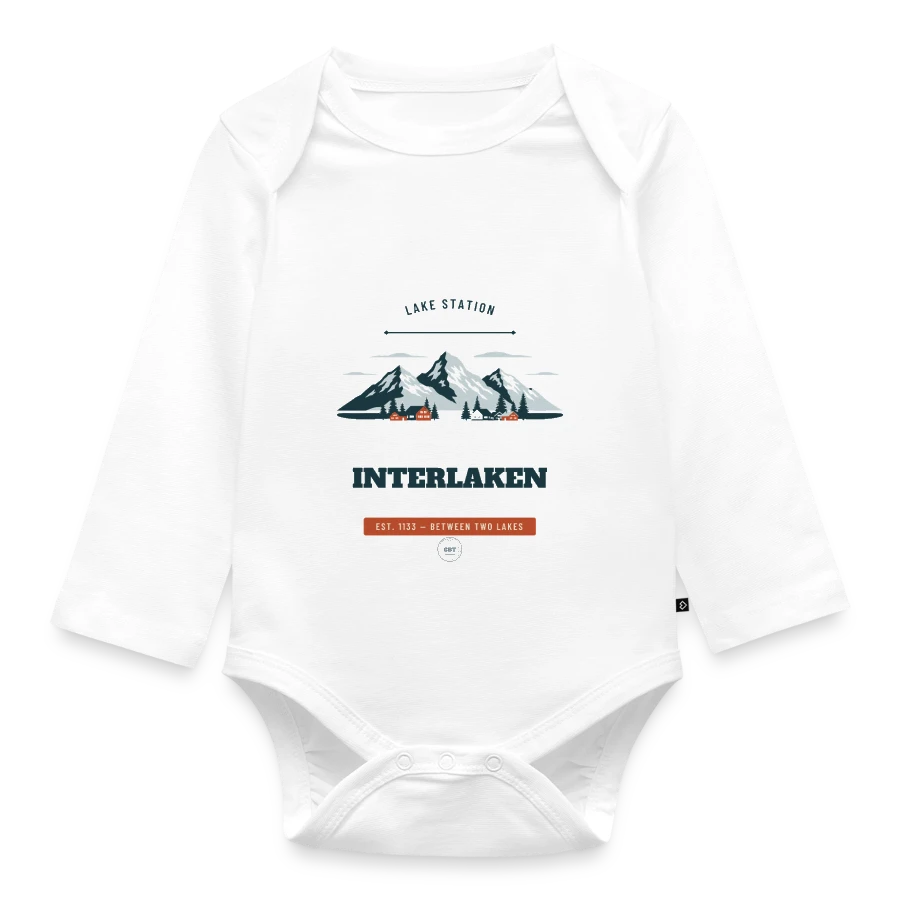 Interlaken badge on a organic longsleeve baby bodysuit, white